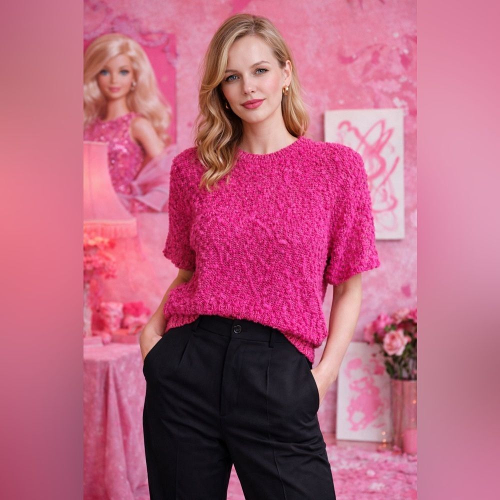 Vintage Barbiecore Hot Pink Popcorn knit Sweater Indie Art Girl 80s Silk Top